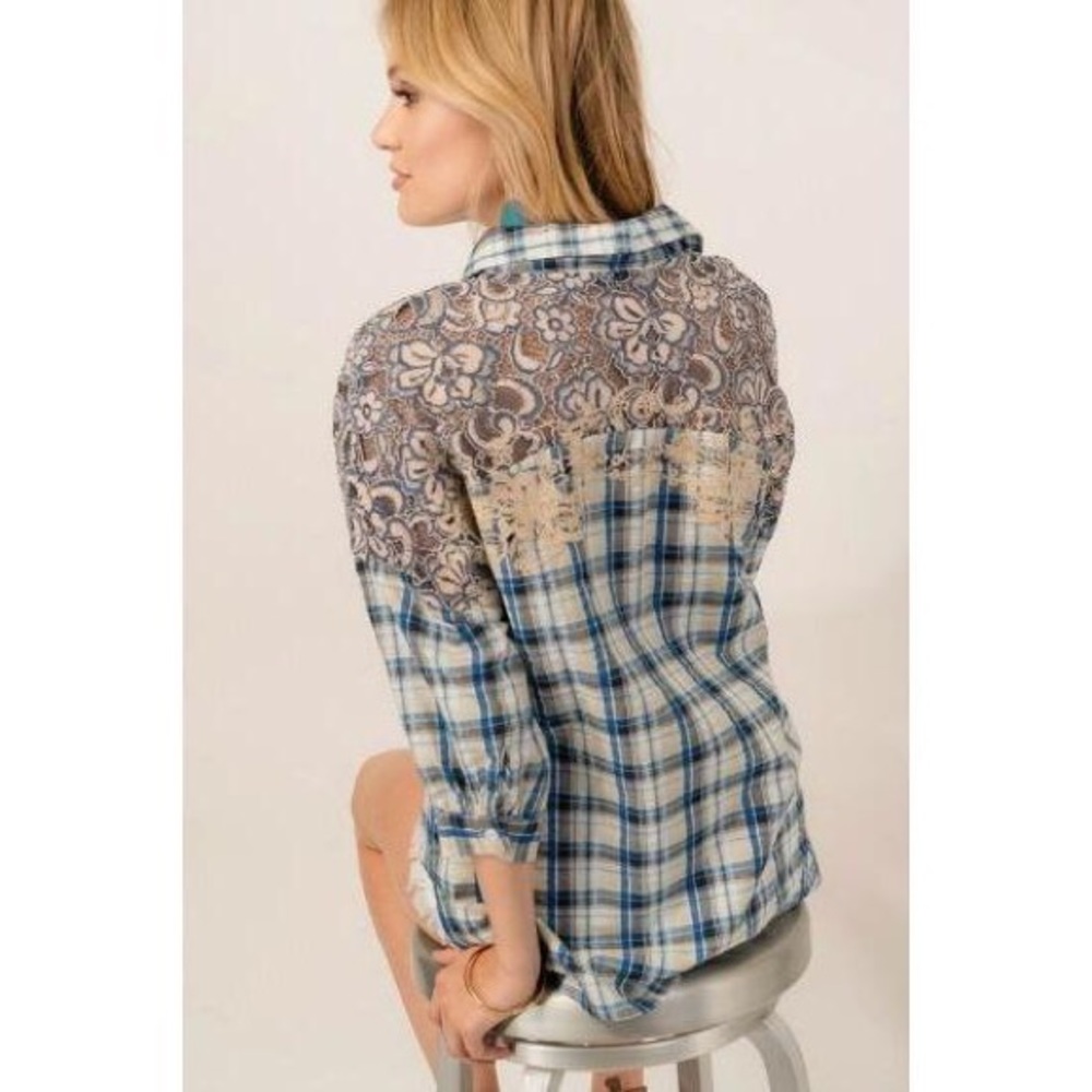 NEW Blue Plaid Lace Embroidered Shirt